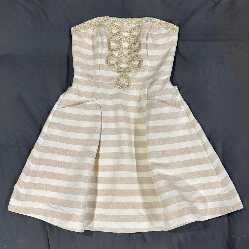 Lilly Pulitzer 2011 Gold Metallic Stripe Strapless Dress Size 2